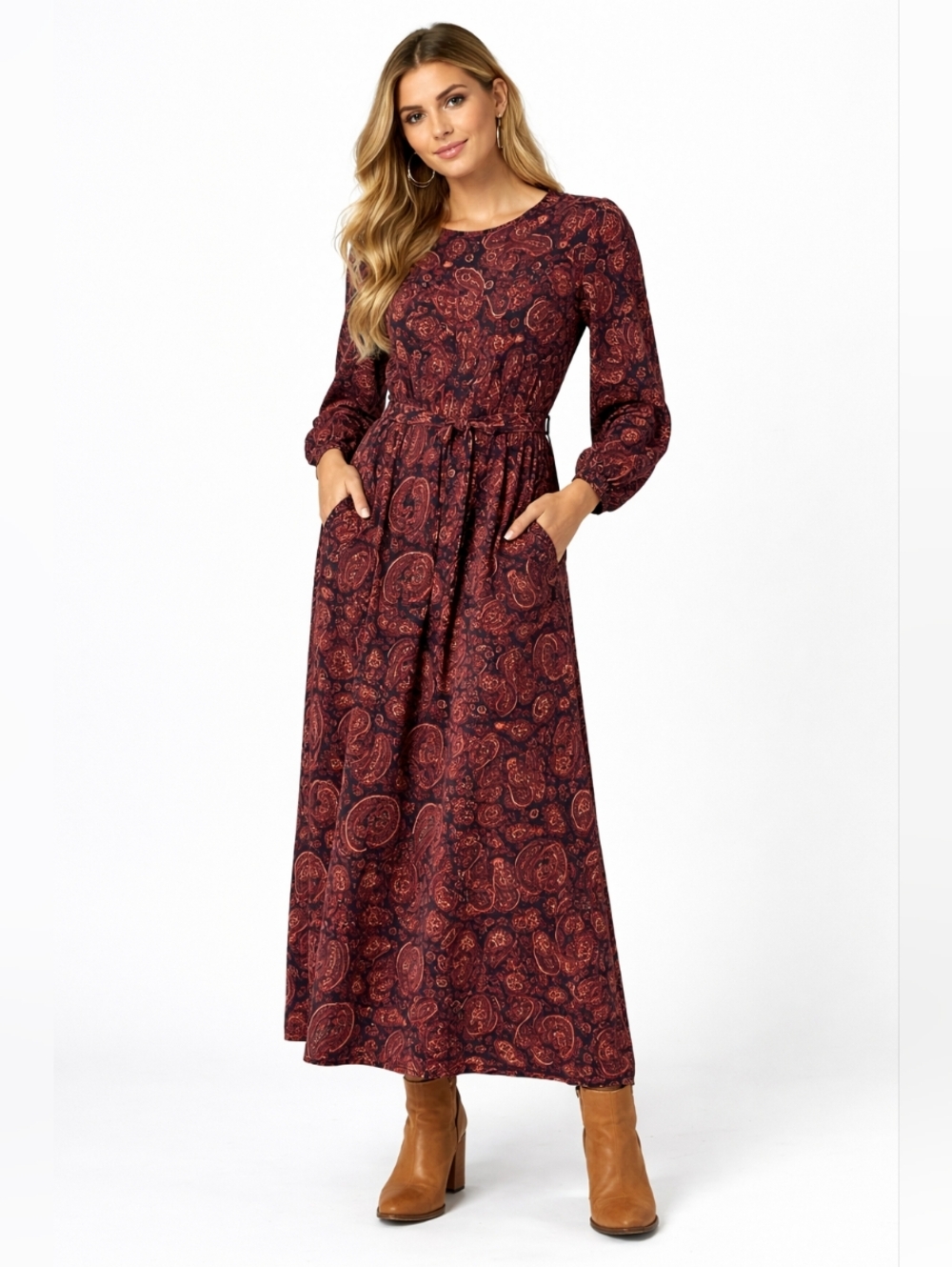 Downeast Paisley Maxi Dress Boho Long Sleeve Belted Pockets Size M